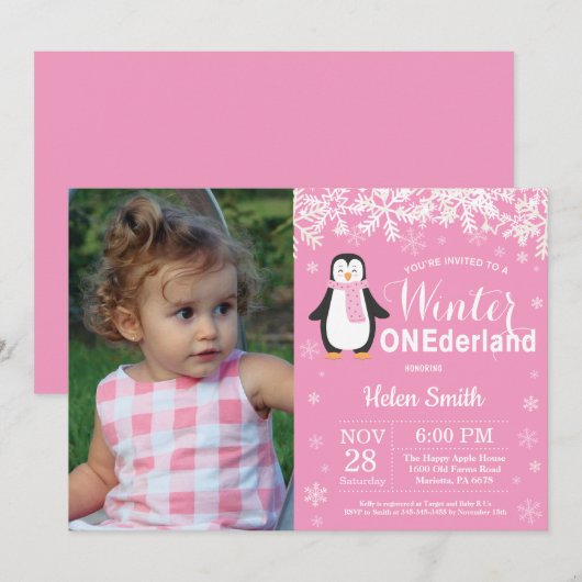 Winter Onederland Pinguïn Meisje 1e verjaardag Kaart (Voorkant / Achterkant)