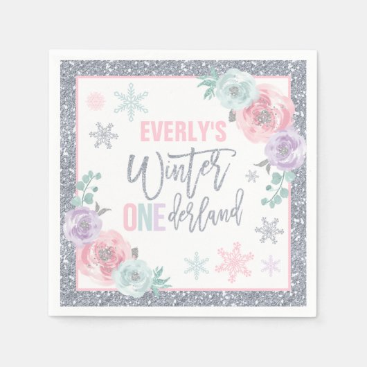 Winter ONEderland Pink and Silver Birthday Party Servet (Voorkant)