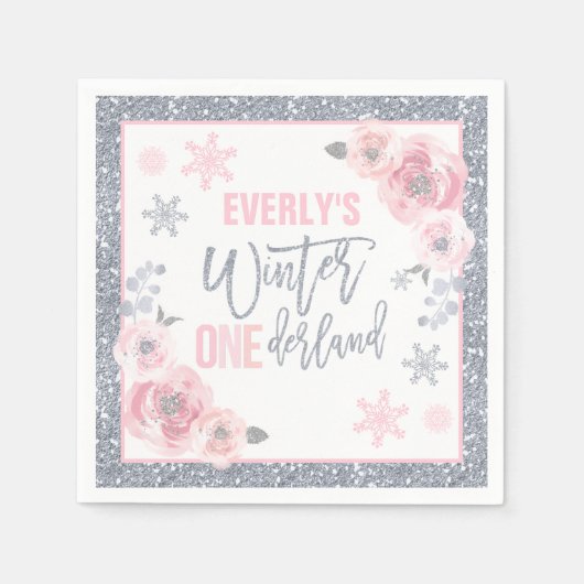 Winter ONEderland Pink and Silver Birthday Party Servet (Voorkant)