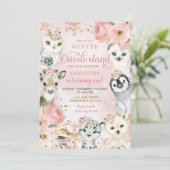 Winter Onederland Pink Arctic Animals Verjaardag Kaart (Staand voorkant)