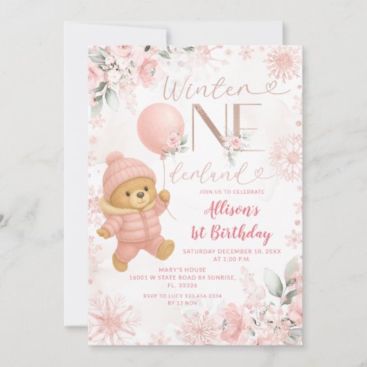 Winter ONEderland Pink Bear Balloon 1st Birthday Kaart (Voorkant)
