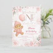 Winter ONEderland Pink Bear Balloon 1st Birthday Kaart (Staand voorkant)