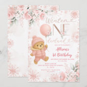 Winter ONEderland Pink Bear Balloon 1st Birthday Kaart (Voorkant / Achterkant)