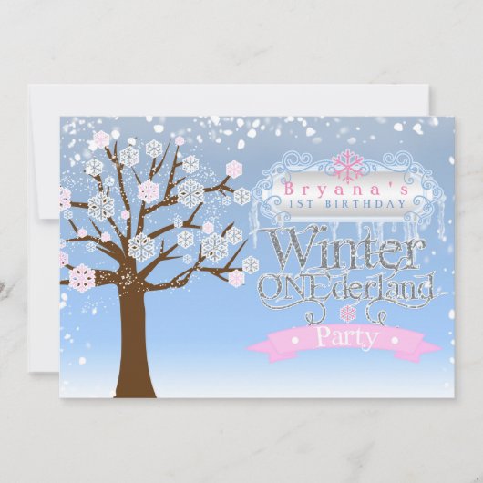 Winter ONEderland Pink Birthday Party Invitation Kaart (Voorkant)