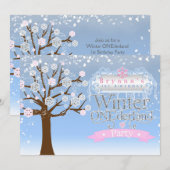Winter ONEderland Pink Birthday Party Invitation Kaart (Voorkant / Achterkant)