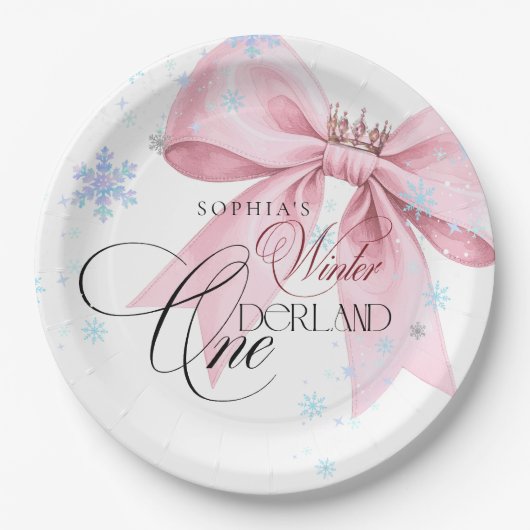 Winter ONEderland Pink Bow 1st Birthday Party Papieren Bordje (Voorkant)