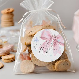 Winter ONEderland Pink Bow 1st Birthday Party Ronde Sticker