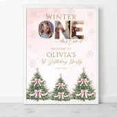Winter Onederland Pink Bow 1st Birthday Welcome Poster