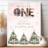 Winter Onederland Pink Bow 1st Birthday Welcome Poster