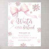 Winter Onederland Pink Bow 1st Birthday Welcome Poster (Voorkant)