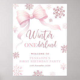 Winter Onederland Pink Bow 1st Birthday Welcome Poster