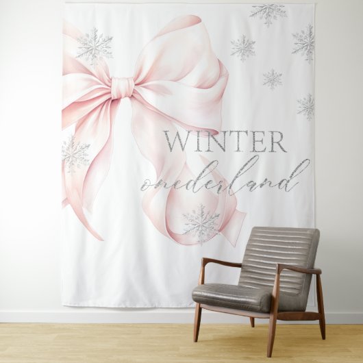 Winter Onederland Pink Bow Backdrop Wandkleed (In situ)