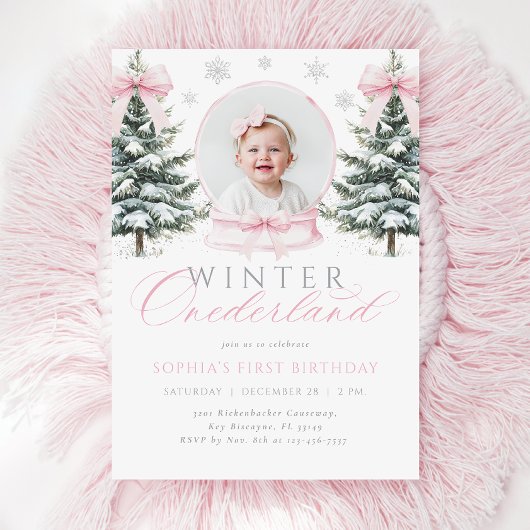 Winter ONEderland Pink Bow eerste verjaardag Kaart