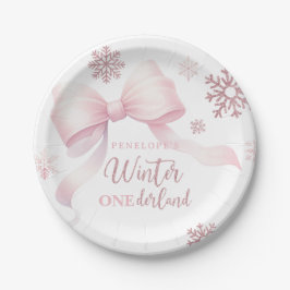 Winter Onederland Pink Bow Girl 1st Birthday Papieren Bordje