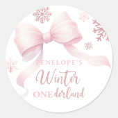 Winter Onederland Pink Bow Girl 1st Birthday Ronde Sticker (Voorkant)