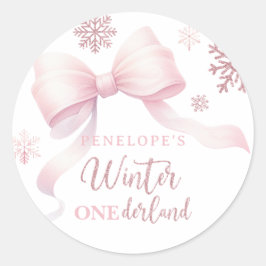 Winter Onederland Pink Bow Girl 1st Birthday Ronde Sticker