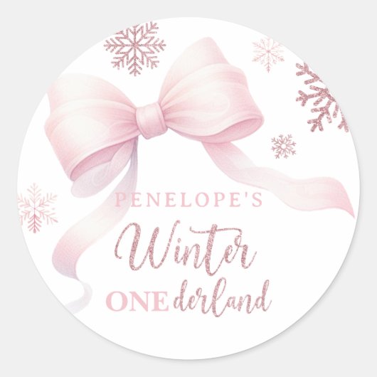 Winter Onederland Pink Bow Girl 1st Birthday Ronde Sticker (Voorkant)