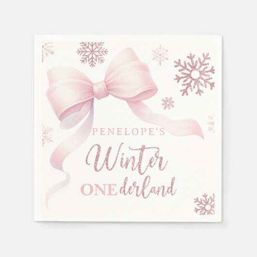 Winter Onederland Pink Bow Girl 1st Birthday Servet (Voorkant)
