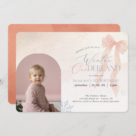 Winter ONEderland Pink Bow Photo First Birthday (Voorkant / Achterkant)
