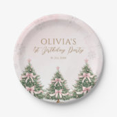 Winter Onederland Pink Bow Pine Trees 1st Birthday Papieren Bordje (Voorkant)