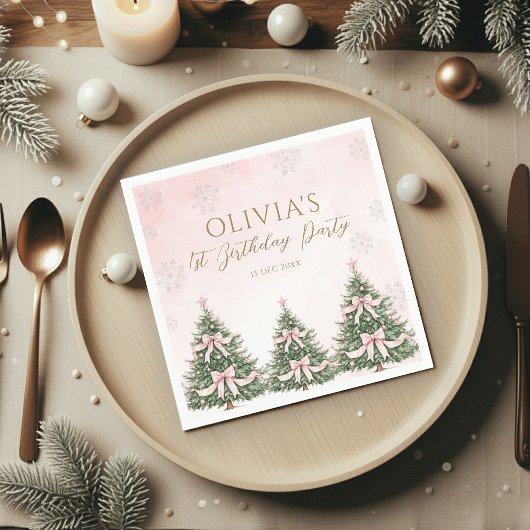 Winter Onederland Pink Bow Pine Trees 1st Birthday Servet