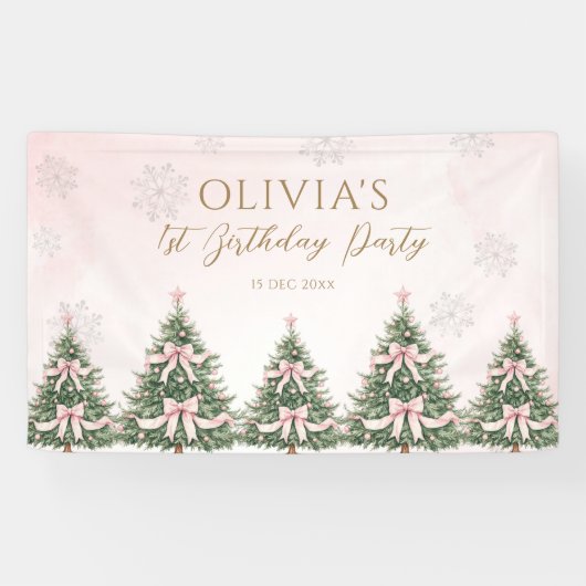 Winter Onederland Pink Bow Pine Trees 1st Birthday Spandoek (Horizontaal)