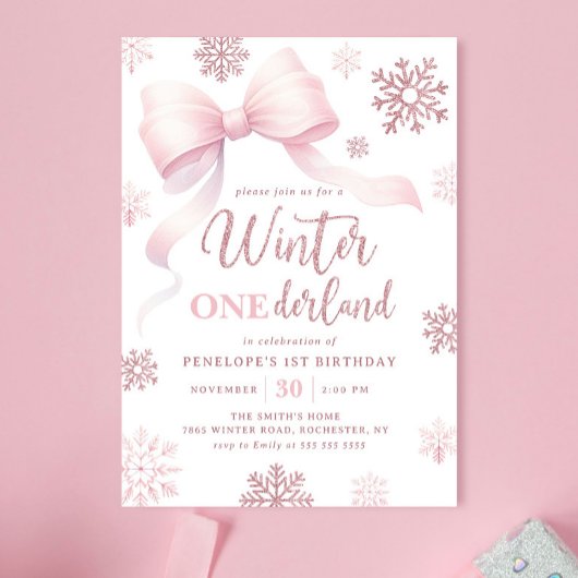 Winter Onederland Pink Bow Snowflake 1e verjaardag Kaart