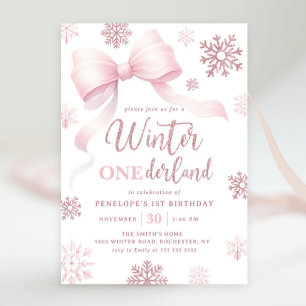 Winter Onederland Pink Bow Snowflake 1e verjaardag Kaart