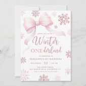 Winter Onederland Pink Bow Snowflake 1e verjaardag Kaart (Voorkant)