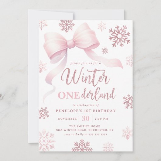 Winter Onederland Pink Bow Snowflake 1e verjaardag Kaart (Voorkant)