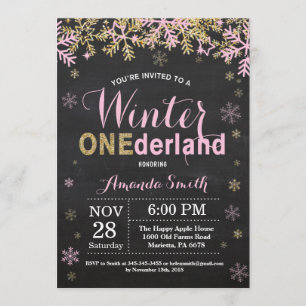 Winter Onederland Pink en Gold Girl 1e verjaardag Kaart