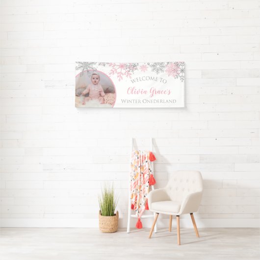 Winter Onederland Pink en Silver Snowflakes Foto Spandoek (Insitu)