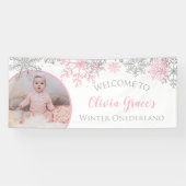 Winter Onederland Pink en Silver Snowflakes Foto Spandoek (Horizontaal)