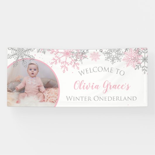 Winter Onederland Pink en Silver Snowflakes Foto Spandoek (Horizontaal)