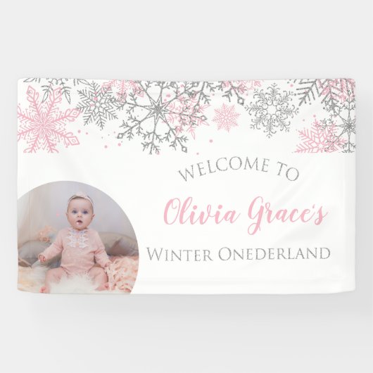 Winter Onederland Pink en Silver Snowflakes Foto Spandoek (Horizontaal)