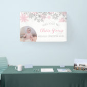 Winter Onederland Pink en Silver Snowflakes Foto Spandoek (Beurs)