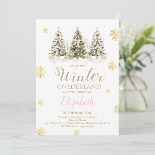 WINTER ONEderland Pink & Faux Gold 1st Birthday I Kaart (Staand voorkant)