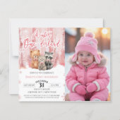 Winter Onederland Pink First Bday Photo Invitation (Voorkant)