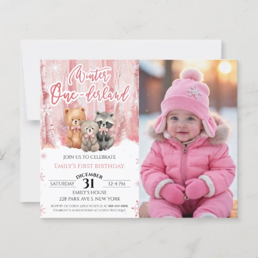Winter Onederland Pink First Bday Photo Invitation (Voorkant)