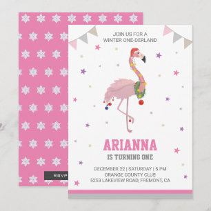 Winter ONEderland Pink Flamingo 1st Girls Birthday Kaart