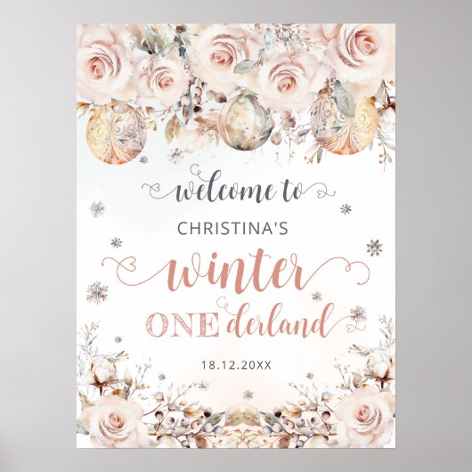 Winter ONEderland Pink Gold Birthday Welcome Poster (Voorkant)