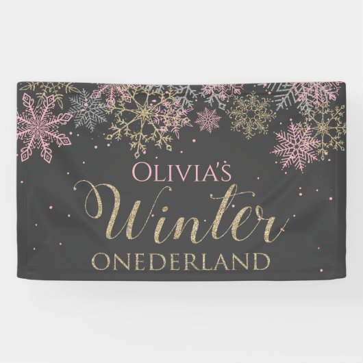 Winter Onederland Pink Gold Dark Gray Banner (Horizontaal)