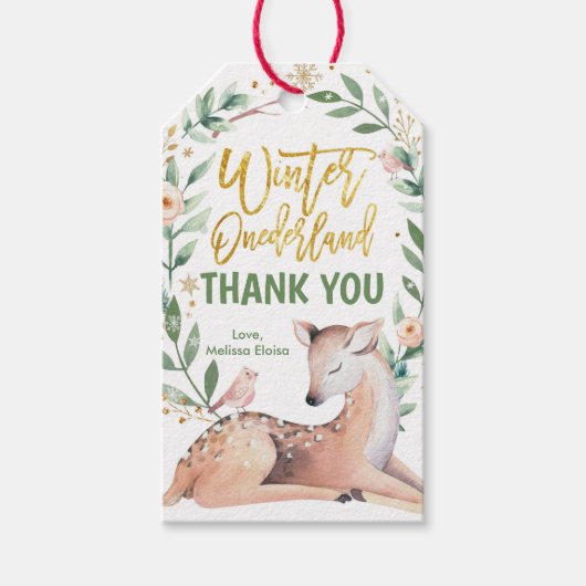 Winter Onederland Pink Gold Girl Deer Birthday Cadeaulabel (Voorkant)