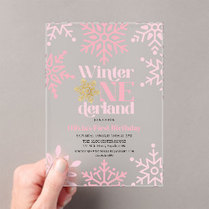 Winter Onederland Pink Gold Snowflake 1e verjaarda Acryl Uitnodigingen