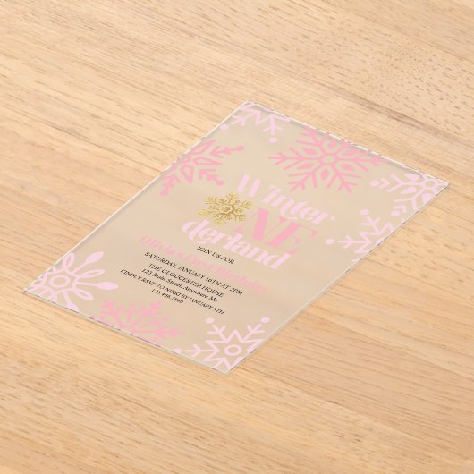 Winter Onederland Pink Gold Snowflake 1e verjaarda Acryl Uitnodigingen (Laagn)