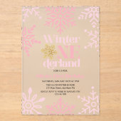 Winter Onederland Pink Gold Snowflake 1e verjaarda Acryl Uitnodigingen (Voorkant)