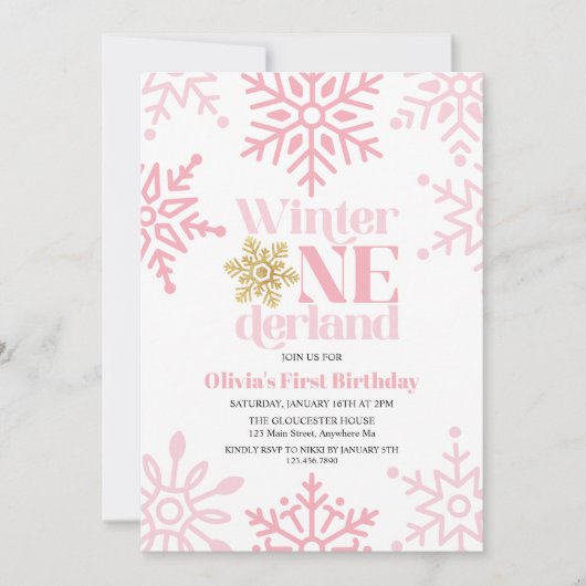 Winter Onederland Pink Gold Snowflake 1e verjaarda Kaart (Voorkant)