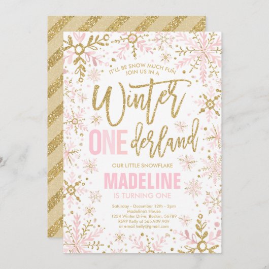 Winter ONEderland Pink Gold Snowflake 1e verjaarda Kaart (Voorkant / Achterkant)