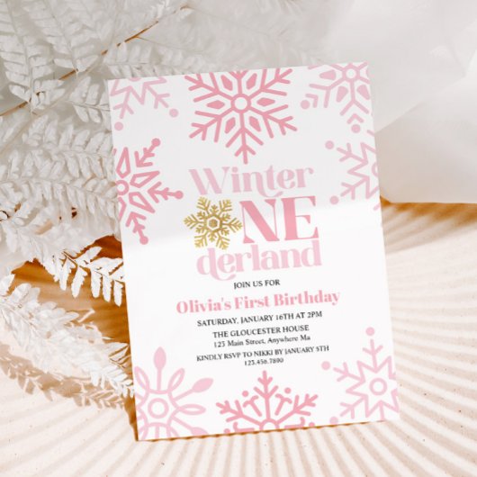 Winter Onederland Pink Gold Snowflake 1e verjaarda Kaart