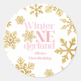 Winter Onederland Pink Gold Snowflake 1e verjaarda Ronde Sticker